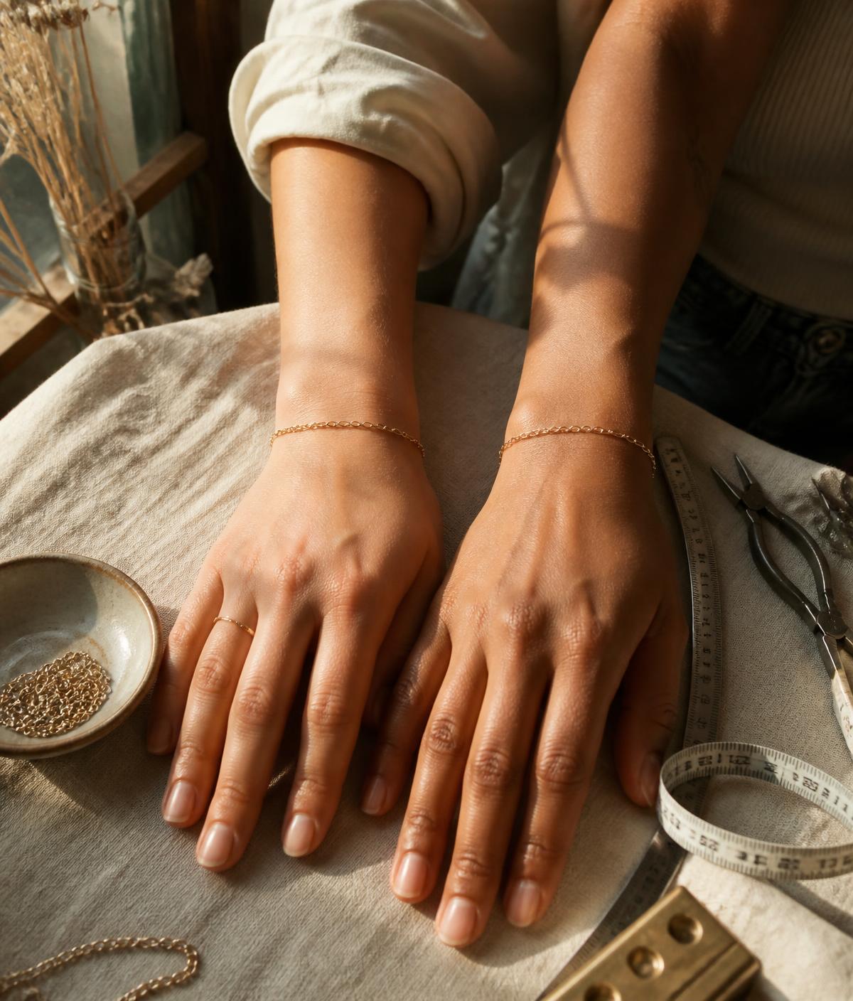 Two friends wearing matching welded gold chain bracelets at a linen table